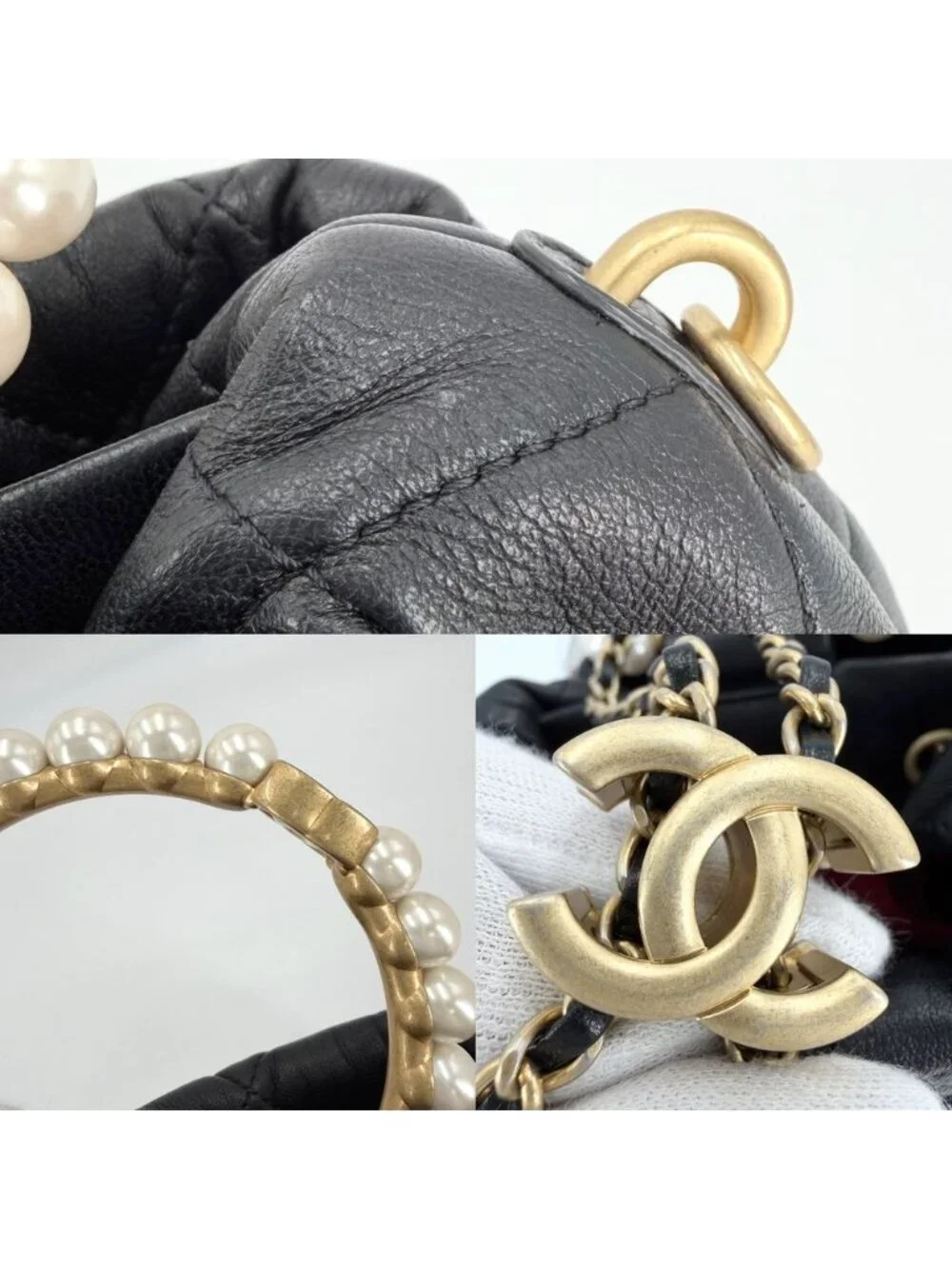 Chanel CC Logo Quilted Bucket Bag Pearl Handle Lambskin Black Gold